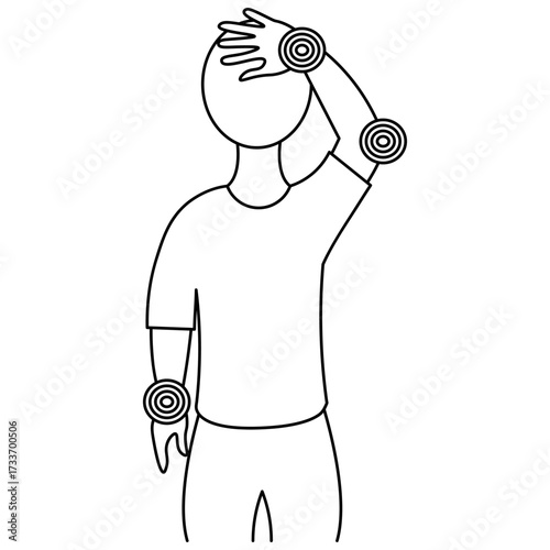 Patient has joint pain and headache. Sketch. Vector illustration. Pain in the wrists and elbows. Outline on an isolated white background. Doodle style. Coloring book for children. Medical theme. 