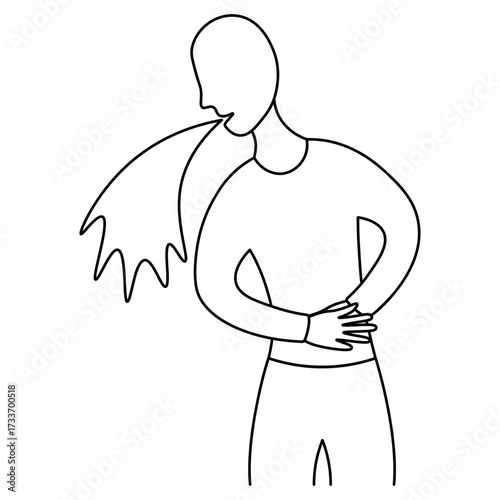The patient is nauseous. The man is unwell and vomiting. Sketch. Vector illustration. The patient has indigestion and is clutching his stomach. Outline on an isolated white background. Doodle style. 