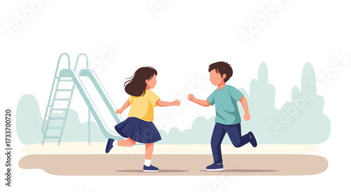 Two children are running towards each other on a playground near a slide.