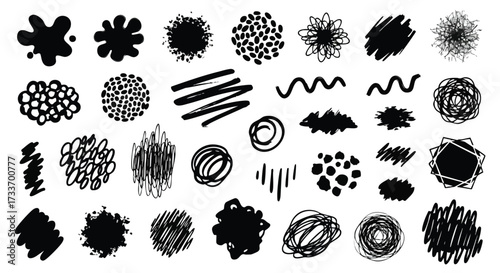 A collection of thirty black ink blots, scribbles, and abstract shapes on a white background, showcasing varied textures and patterns.
