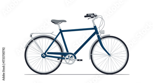 Classic dark blue commuter bicycle with rear rack and fenders for urban cycling.