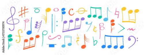 Crayon pastel or chalk music note signs doodle hand drawn symbol shapes set. Chalkboard textured musical symbols treble, bass clefs, pauses doodle collection.