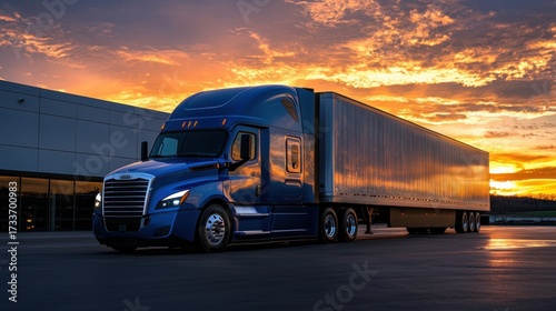 Blue semi trailer truck with cargo container at sunset. Freight delivery vehicle. Commercial transportation industry concept.