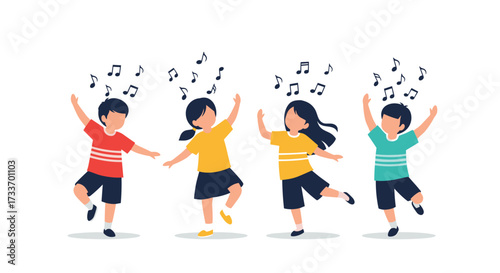 Children joyfully dancing to music notes in a lively outdoor setting with cheerful expressions and energetic poses.
