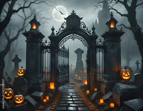 A glowing full moon rises over a shadowy graveyard, illuminating crosses and headstones in a chillingly atmospheric Halloween night scene. Concept of Halloween. CG Artwork Background