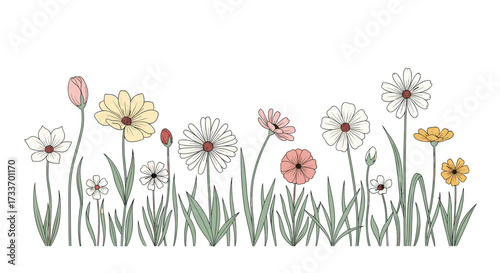 A charming collection of delicate wildflowers and green grass in a gentle watercolor style.