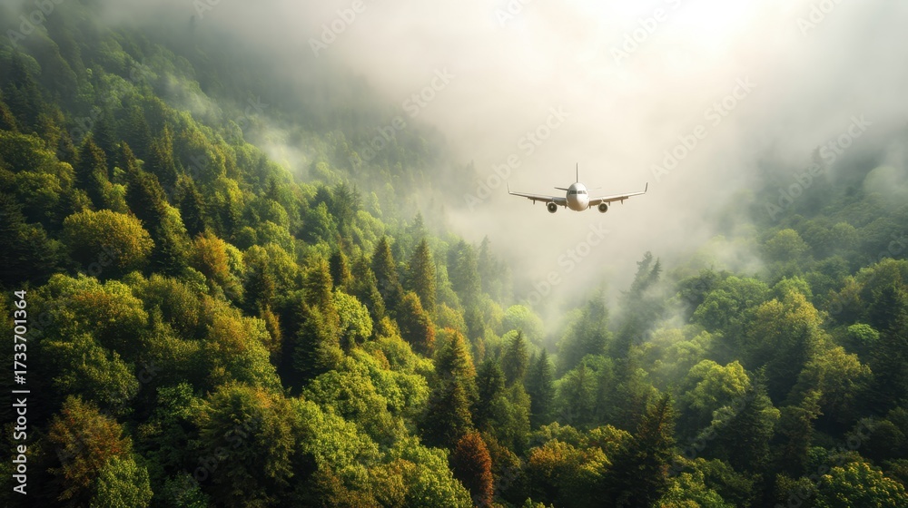Naklejka premium Passenger airplane flying above green forest. Travel and transportation concept. Foggy mountain landscape with airliner for vacation.