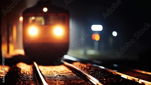 A train travels down the tracks under the stars and darkness of night