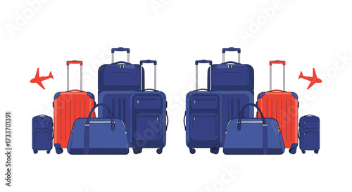 Travel collection of luggage and airplanes in a modern flat design.