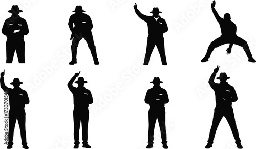 Silhouette, man, hat, suit, gesture, pose, action, movement, character design, animation, fashion, dance, body language, visual reference, illustration, modeling, performance, dramatic stance