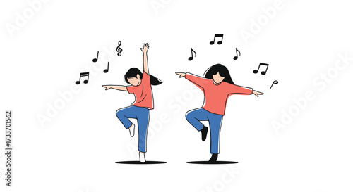 Two people dancing together to music with notes floating around them.