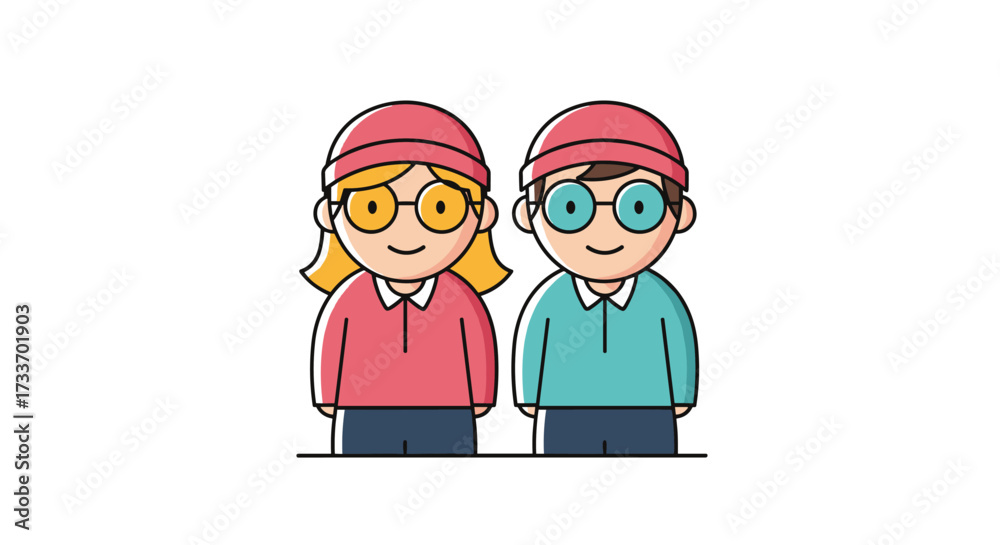 Fototapeta premium A charming pixel art illustration of two cute young children wearing glasses and hats.