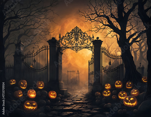 A glowing full moon rises over a shadowy graveyard, illuminating crosses and headstones in a chillingly atmospheric Halloween night scene. Concept of Halloween. CG Artwork Background