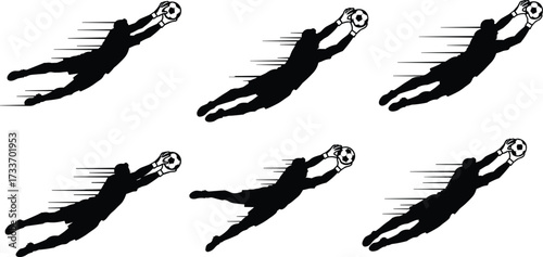 Soccer goalkeeper silhouette, diving save motion, athletic action pose, football catch sequence, sports training, dynamic movement, black background, goalkeeping technique