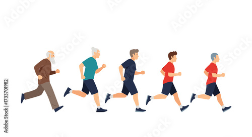 Diverse group of men of different ages running together on a white background.