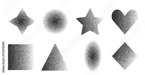 Grain noise gradient geometric shapes set. Grainy textured black y2k graphic elements. Heart, ellipse, star and circle dotwork brutalist forms. Vector gritty stickers. Grunge geometry callout figures.