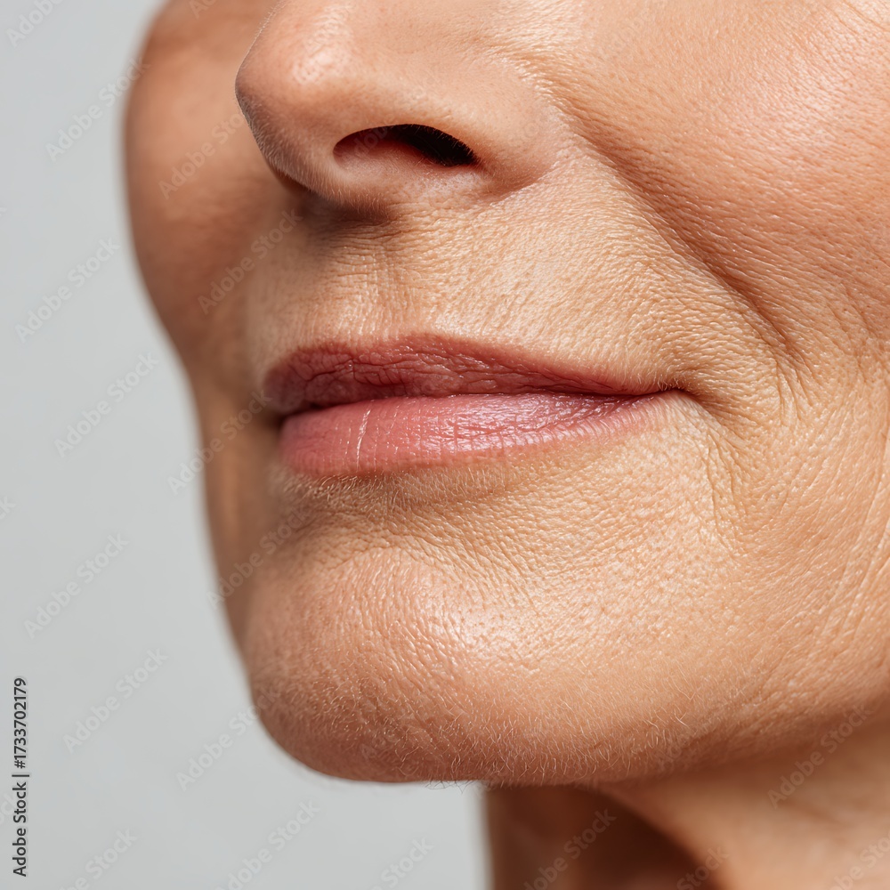 Obraz premium Focused photo of the lips of an elderly person, showing small wrinkles, emphasizing pure white tones, luxurious style.
