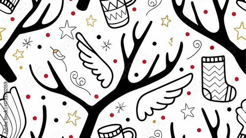 Festive winter themed pattern with christmas stockings stars mugs and tree branches in black and white style