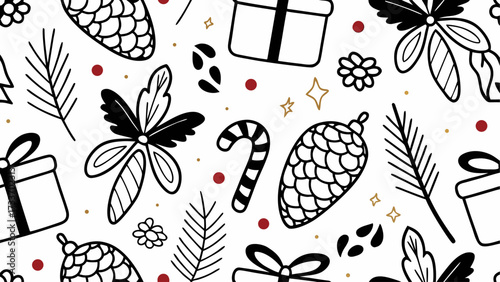 Seamless christmas pattern featuring pine cones gifts candy canes and floral elements in black and white color