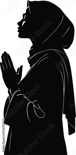 Prayer Silhouette Vector Featuring Headscarf-Wearing Person in Contemplative Pose in Black and White Line Art Style