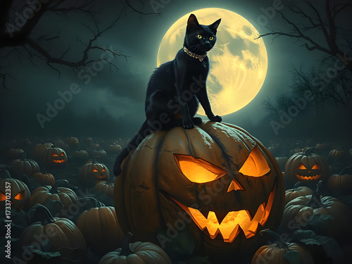 A black cat with glowing eyes perches on a menacing jack-o-lantern under a full moon, surrounded by eerie pumpkins and twisted trees. Concept of Halloween. CG Artwork Background