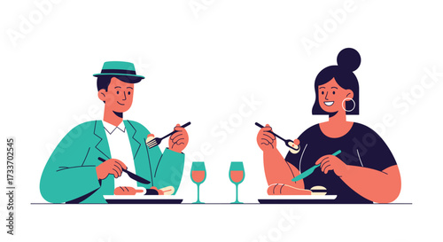 A couple enjoying a delicious meal together at a restaurant on a pleasant evening.