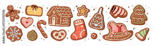 Set of Christmas gingerbreads. Xmas ginger breads with different shapes for winter holidays. New Year cookies, biscuits with icing. Bakery food. Flat isolated vector illustrations on white background