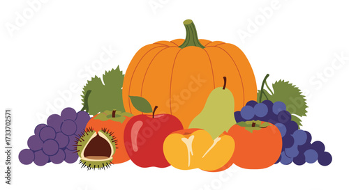 A bountiful autumn harvest featuring pumpkins pears apples persimmons grapes and a chestnut.
