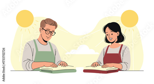 Two people wearing aprons are working with dough in a sunlit setting.  