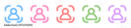 User profile scan neon icon isolated, Glowing face ID symbol, Bright identity recognition, Luminous biometric profile, or Modern profile authentication vector illustration