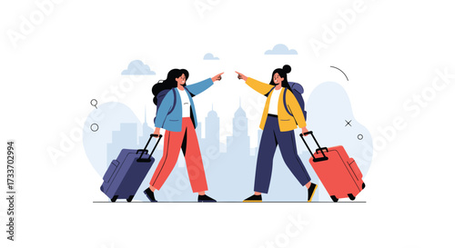 Two friends travel together on an exciting adventure exploring new destinations with their luggage.