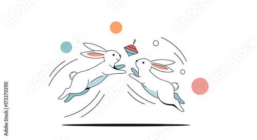 Two playful rabbits are jumping and juggling an acorn in the air with colorful balls.