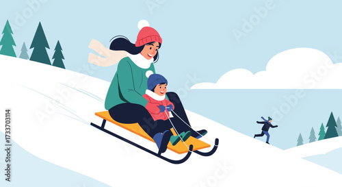 A mother and child enjoy a thrilling sledding adventure down a snowy hill.