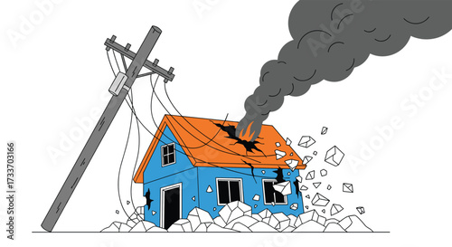 A blue house is burning with smoke rising and debris falling around it next to a tilted telephone pole.