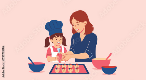 A mother and daughter baking delicious cookies together in the kitchen enjoying family bonding time.