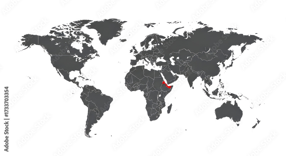Naklejka premium World map with Red Sea highlighted, dark gray global atlas with red water accent, minimalist earth silhouette for logistics and shipping concepts