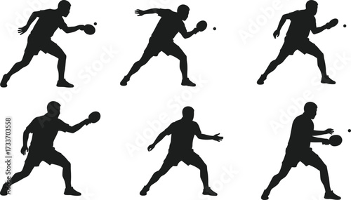 Table tennis silhouette, ping pong player, black vector illustration, paddle action pose, sports movement, isolated icon, dynamic athletic gesture