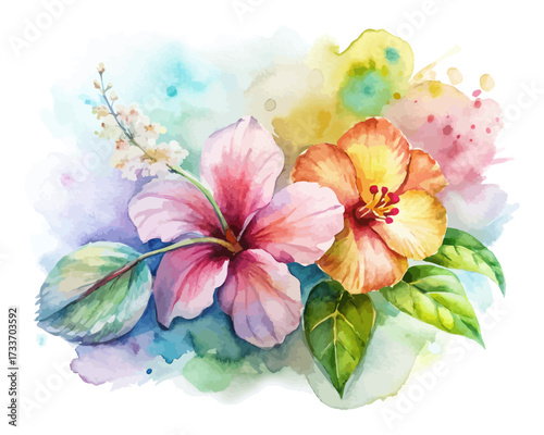 Tropical Hibiscus and Orchid Watercolor Combo vector illustration