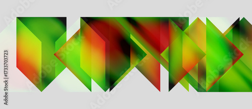 Abstract geometric shapes blend vibrant colors. Gradient transitions create dynamic visual texture. Composition feels modern, energetic.