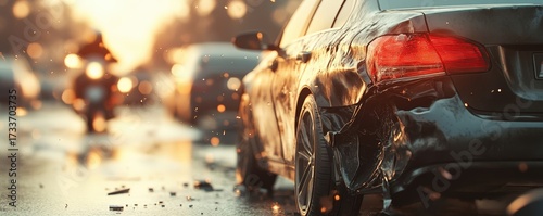 A damaged car is depicted, reflecting a sunset with blurred vehicles in the background, evoking a sense of aftermath and motion.