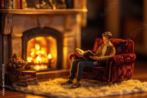 A miniature figure reads a book comfortably in a velvet armchair by a warm fireplace, evoking a cozy, intimate scene.