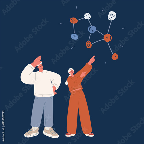 Cartoon vector illustration of people connecting stars to form constellations against dark background
