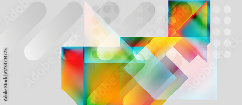 Abstract composition. Overlapping translucent squares, circles create vibrant visual effect. Modern design, colorful gradients dominate.