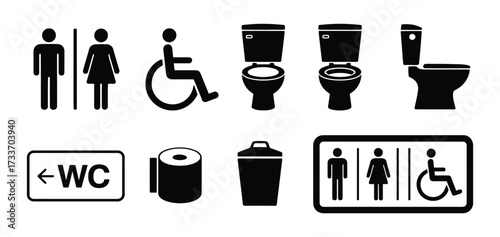 Vector art of collection of restroomrelated icons, including male and female symbols, wheelchair access, toilet, wc sign, toilet paper, and trash can