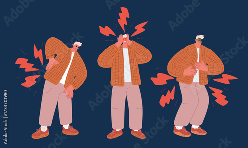 Cartoon vector illustration of a man in three states suffering from headache, stomachache, and back pain symbol of human vulnerability and the importance of health care against dark background
