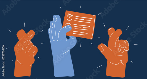 Cartoon vector illustration of three hands one forming a heart sign, another holding a ballot with a checkmark, and the third crossing fingers symbol of compassion, democracy, and faith in tomorrow ag