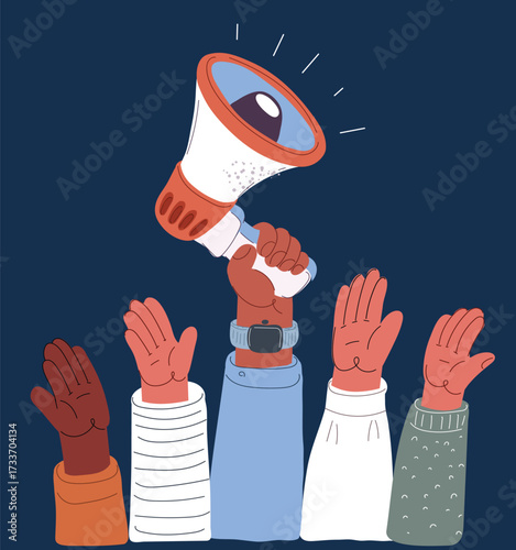 Cartoon vector illustration of hands raising signs for protest and support against dark background