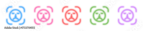 Facial recognition error neon icon isolated, Glowing biometric scan fail, Bright face ID problem, Neon user not recognized, or Luminous scan error symbol vector illustration