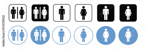 Vector art of collection of restroom signs featuring male and female figures in various styles, including square and circular icons with different color schemes and designs