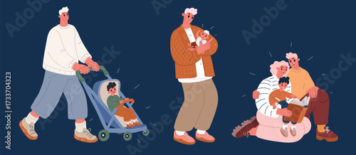 Cartoon vector illustration of father playing with child family love against dark background